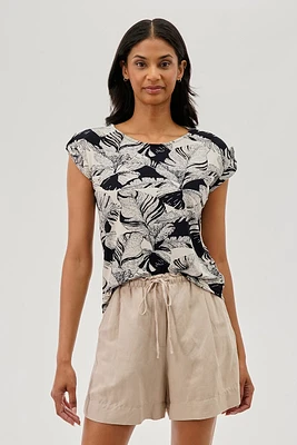 Beechers Brook Leaf Print Cap Sleeve Back Slit Tee