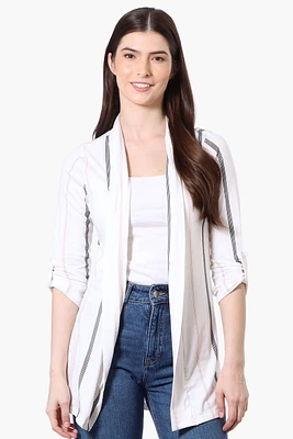 International INC Company Striped Roll Up Sleeve Wrap Cardigan - White