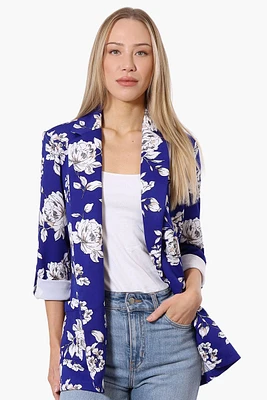 Limite Floral Roll Up Sleeve Open Blazer - Blue