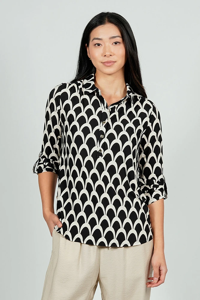 Beechers Brook Patterned Button Down Roll Up Sleeve Blouse