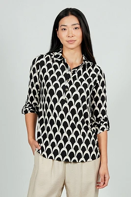 Beechers Brook Patterned Button Down Roll Up Sleeve Blouse