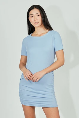 Costa Blanca Ribbed Short Sleeve Ruched Side Day Dress
