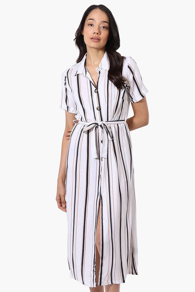 Beechers Brook Striped Button Down Belted Maxi Dress - White
