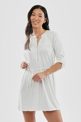 International INC Company Patterned Tie Waist Half Zip Day Dress - White