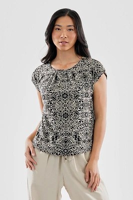 Beechers Brook Patterned Zipper Shoulder Detail Blouse - Black