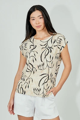 Beechers Brook Leaf Print Circle Neck Tee - Cream