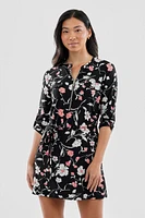International INC Company Floral Tie Waist Half Zip Day Dress - Black