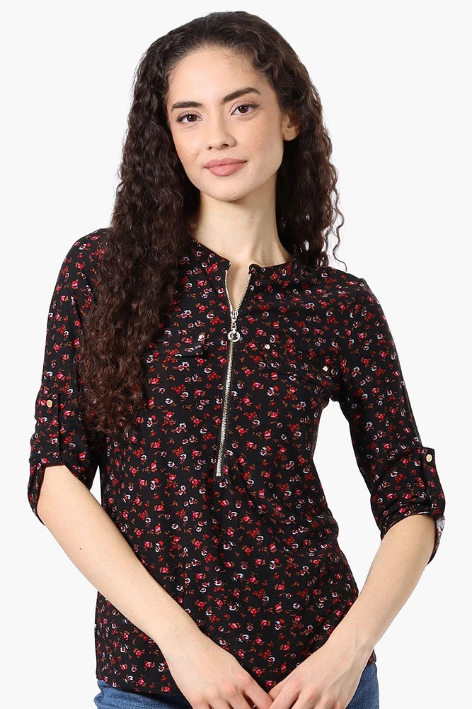 Beechers Brook Floral Roll Up Sleeve Half Zip Shirt - Black