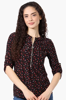 Beechers Brook Floral Roll Up Sleeve Half Zip Shirt - Black