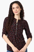 Beechers Brook Floral Roll Up Sleeve Half Zip Shirt - Black