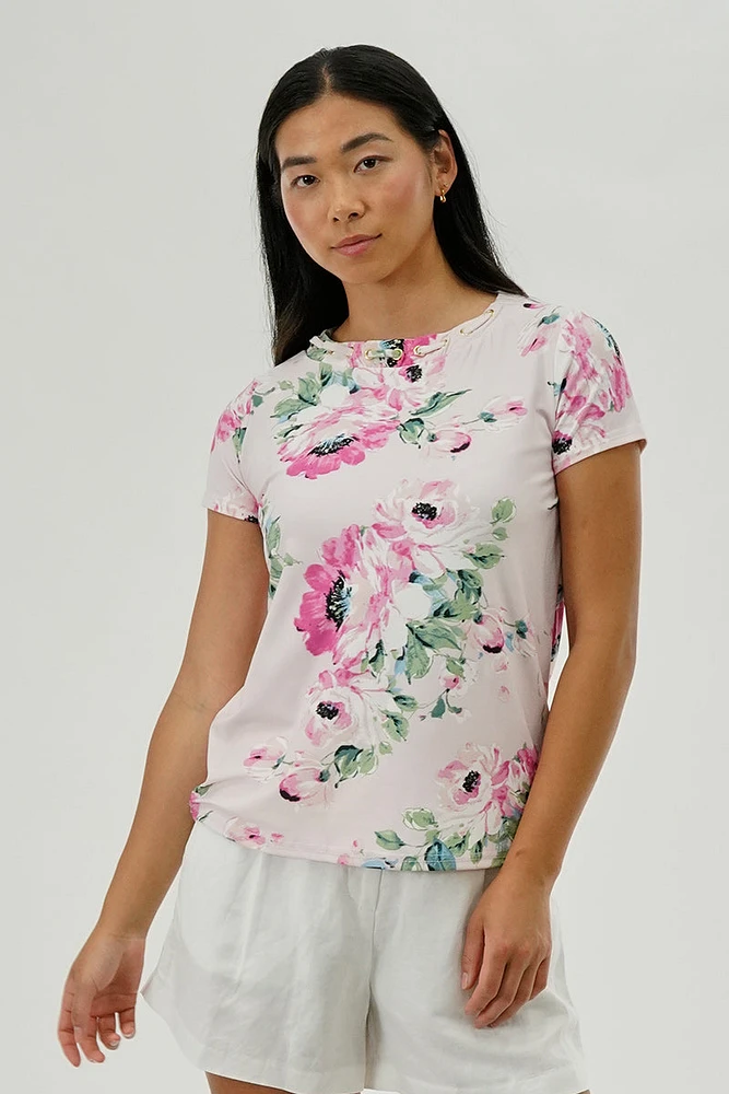 International INC Company Floral Gommet Neck Detail Tee