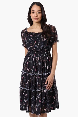 Costa Blanca Floral Tiered Smocked Waist Midi Dress - Black