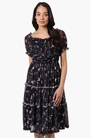 Costa Blanca Floral Tiered Smocked Waist Midi Dress - Black
