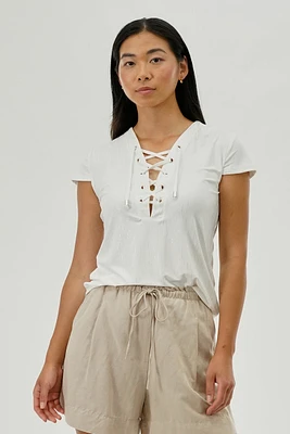 International INC Company Lace Up Short Sleeve Blouse - White