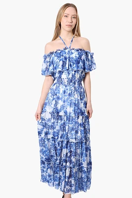 Costa Blanca Leaf Pattern Halter Strap Tiered Maxi Dress