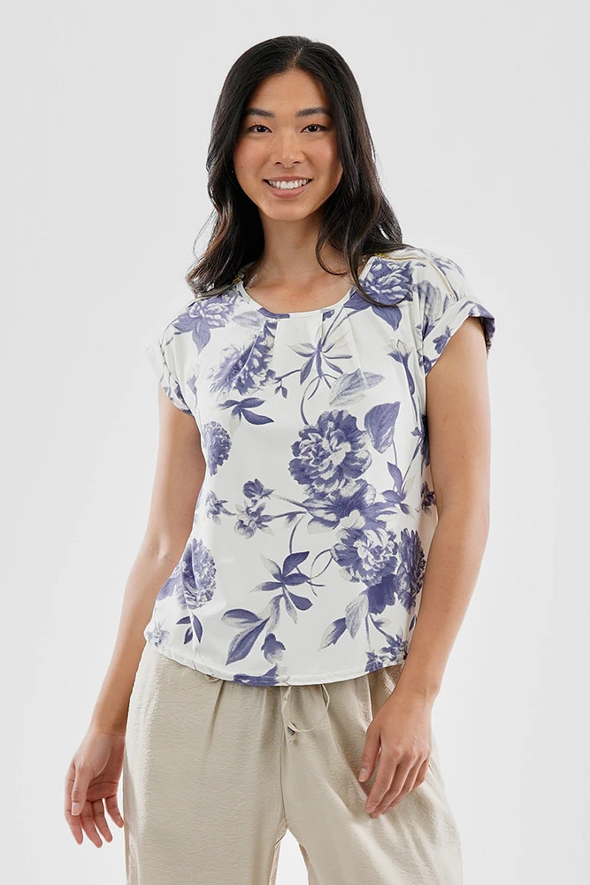 Beechers Brook Floral Zipper Shoulder Detail Blouse - White
