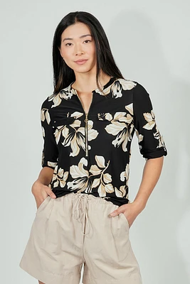 Beechers Brook Floral Roll Up Sleeve Half Zip Blouse