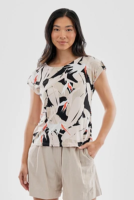 Beechers Brook Feather Print Cap Sleeve Back Slit Tee - Navy
