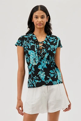 International INC Company Floral Lace Up Short Sleeve Blouse