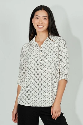 Beechers Brook Patterned Button Down Roll Up Sleeve Blouse - White