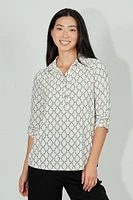 Beechers Brook Patterned Button Down Roll Up Sleeve Blouse - White