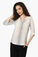 Beechers Brook Polka Dot Roll Up Sleeve Henley Shirt