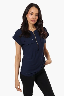 International INC Company Front Zip Cap Sleeve Blouse