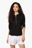 Beechers Brook Solid Half Zip Roll Up Sleeve Shirt