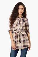 Urbanology Belted Plaid Button Down Shirt