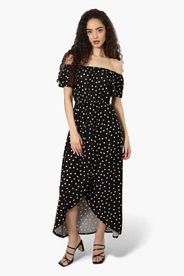 Beechers Brook Polka Dot Off Shoulder Flounce Maxi Dress