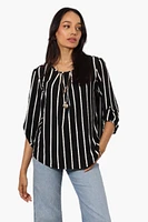 Beechers Brook Striped Roll Up Sleeve Necklace Blouse