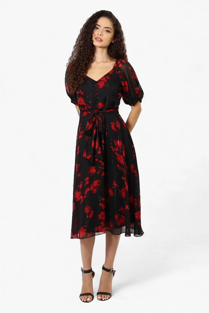 Limite Patterned Belted Puff Sleeve Maxi Dress