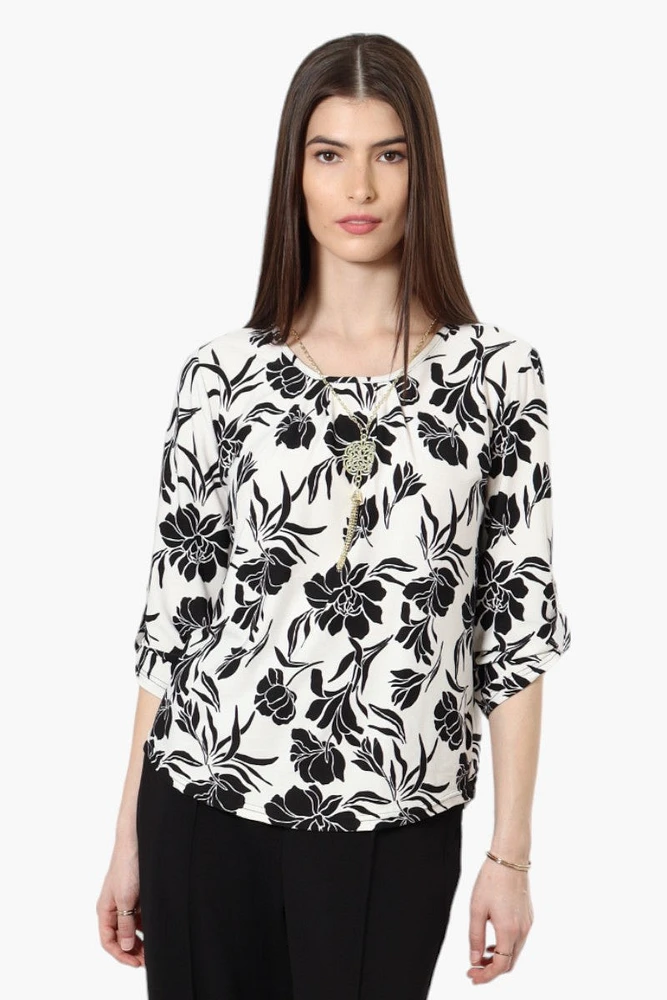 Beechers Brook Floral Roll Up Sleeve Necklace Blouse