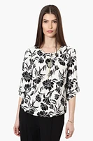 Beechers Brook Floral Roll Up Sleeve Necklace Blouse