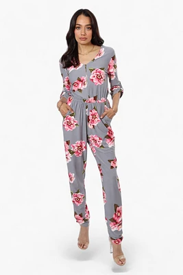 International INC Company Floral Roll Up Sleeve Jumpsuit