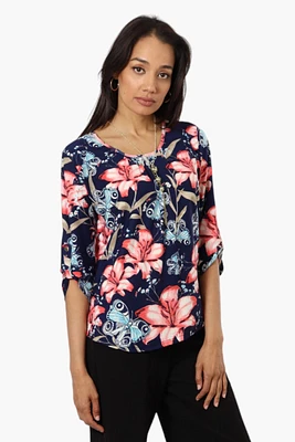Beechers Brook Floral Roll Up Sleeve Necklace Blouse