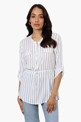 Beechers Brook Striped Belted Roll Up Sleeve Blouse