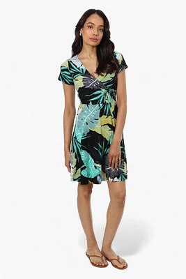 International INC Company Leaf Pattern Belted Crossover Day Dress