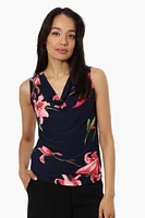 Impress Floral Cowl Neck Tank Top - Navy