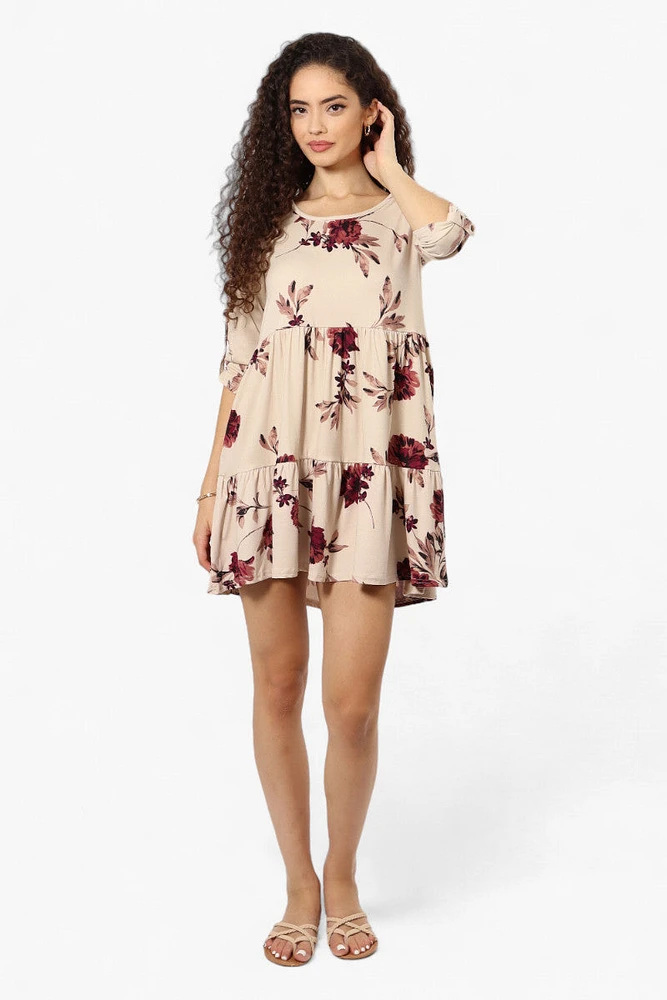 Majora Floral Scoop Neck Roll Up Sleeve Day Dress