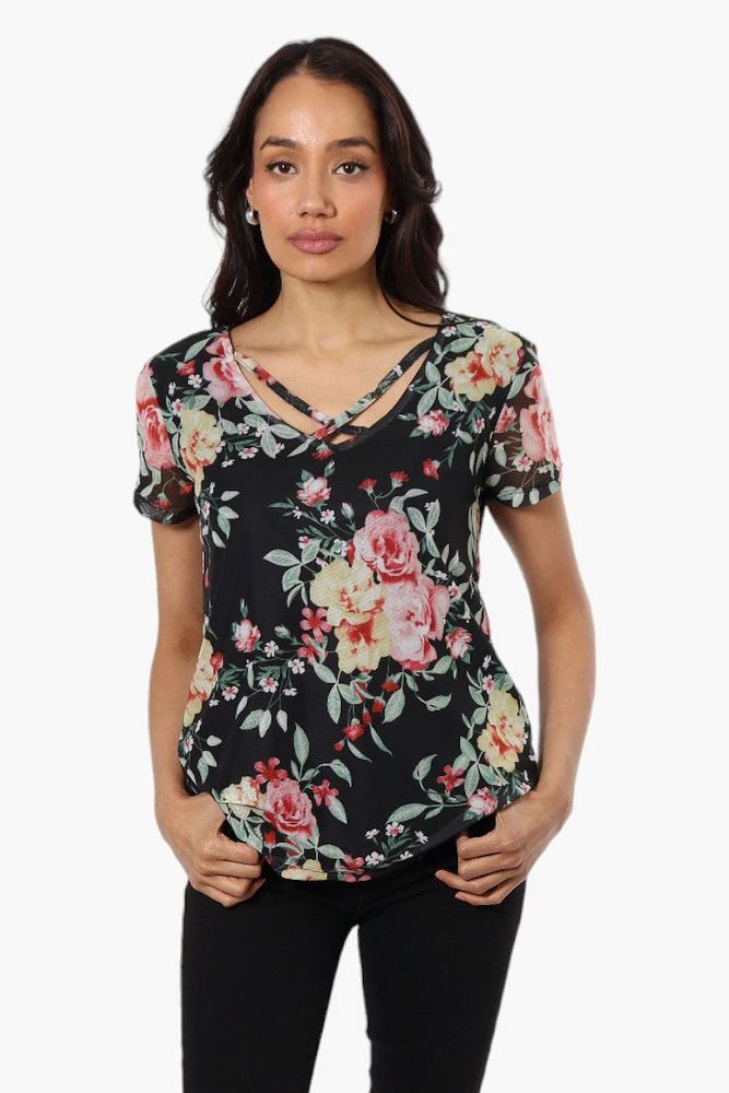 Limite Floral Front Strap Short Sleeve Blouse