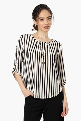 Beechers Brook Striped Roll Up Sleeve Necklace Blouse