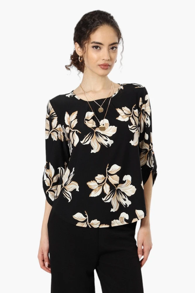 Beechers Brook Floral Roll Up Sleeve Necklace Blouse