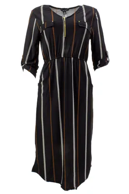 Stripe Printed Front Zip Roll Up Sleeve Maxi Dress