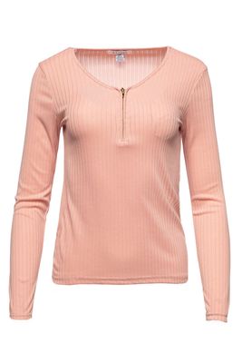 Solid Ribbed Front Zip Long Sleeve Top