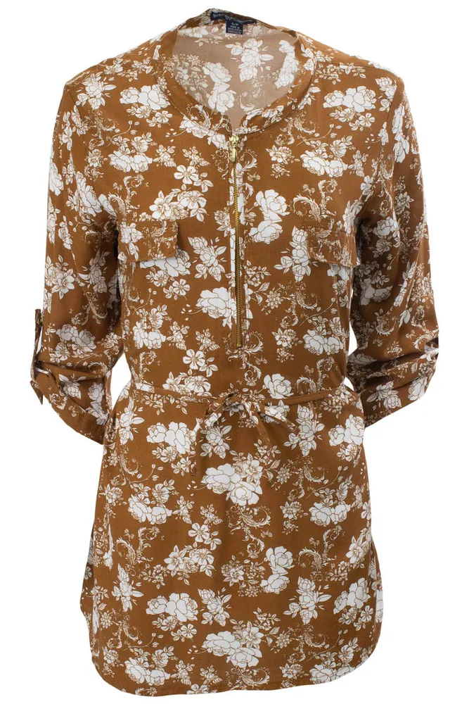 Floral Zip Front Flap Pocket Tunic Shirt