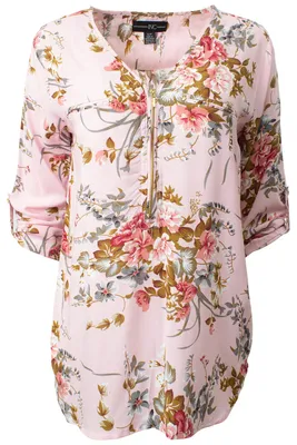 Floral Printed Zip Front Roll Up Sleeve Shirt