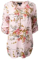 Floral Printed Zip Front Roll Up Sleeve Shirt