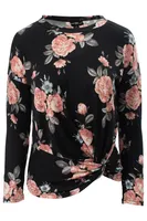 Floral Pattern Side Twist Long Sleeve Top