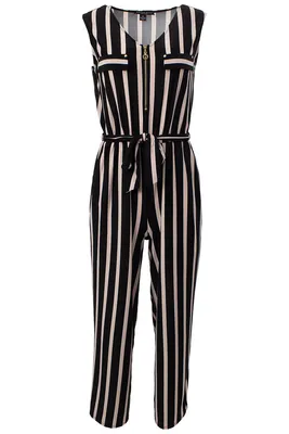 Striped Sleeveless Belted Jumpsuit